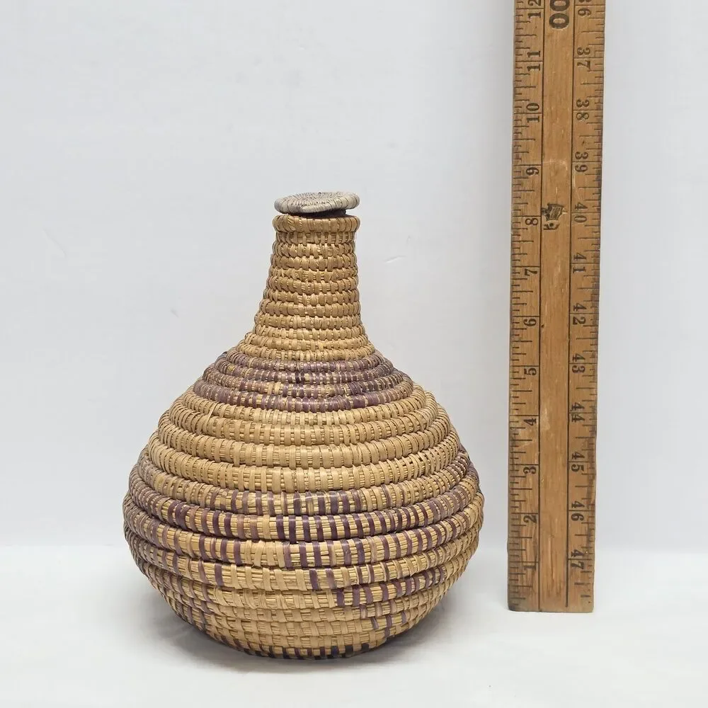 Vintage Eskimo Inuit Native American Lidded Coiled Basket Rue Grass Handwoven
